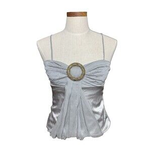 Y2K River Island Silver Satin Babydoll Going Out Top Beaded UK10 GUC Metallic